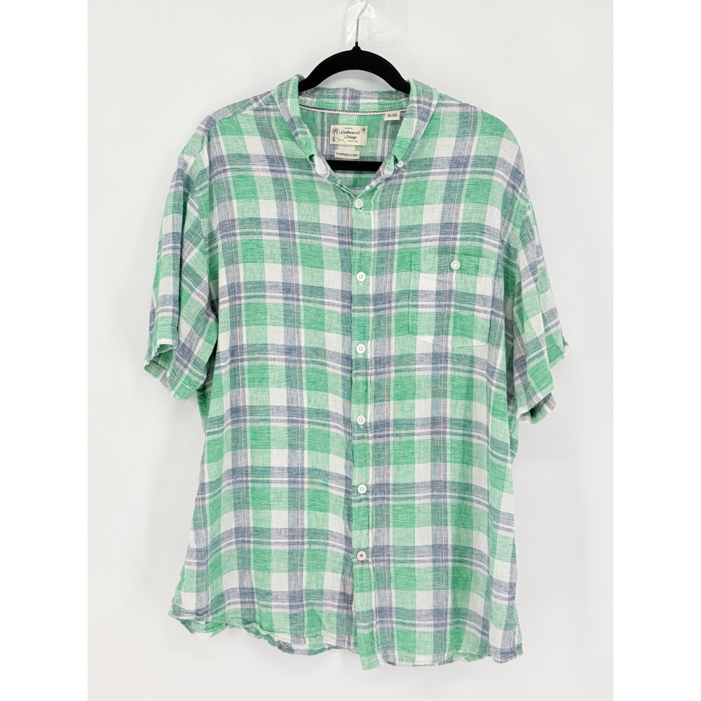 Mens Preppy Green Plaid Linen Blend Short Sleeve Button Shirt XL Fisherman Coast